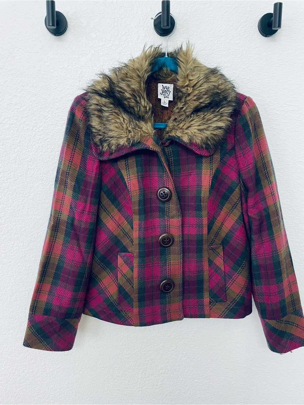 ivy jane Pink and Olive Plaid Pea Coat with Faux-Fur Collar